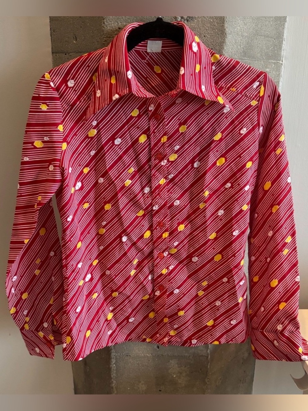 Vintage Red Striped Button-Up Shirt with Yellow Geometric Pattern XS